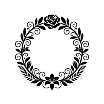 A detailed silhouette of a circular floral frame featuring a stylized rose at the top and a lily at the bottom with swirling vine elements and leaves vector