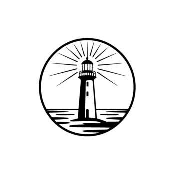 Minimalist illustration of a classic lighthouse radiating light rays within a circular frame over stylized ocean waves and land vector