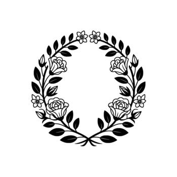 A minimalist outline wreath composed of delicate rose blossoms and leafy branches creating an elegant circular floral frame vector