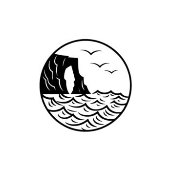 Minimalist of a coastal cliff face with stylized choppy waves and soaring seagulls contained within a circular frame vector