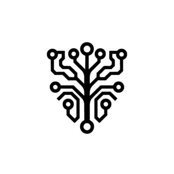 A minimalist of a stylized circuit board tree with intricate branches and connecting nodes symbolizing technology and growth vector