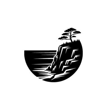 Minimalist silhouette of a lone pine tree standing atop a jagged cliff overlooking a serene ocean with stylized waves within a circular frame vector