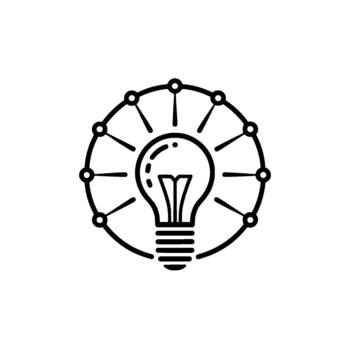 A minimalist outline of a classic incandescent light bulb radiating energy lines to a circular network of connected nodes vector