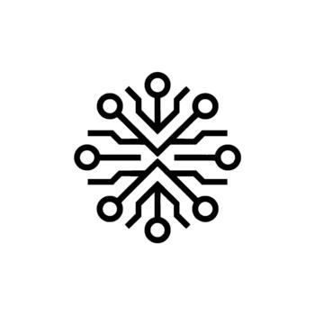 un minimalista ilustración de un circular electrónico circuito tablero modelo parecido a un copo de nieve o Starburst con interconectado nodos y caminos vector