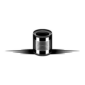 A stark illustration of a cylindrical tin can with bold horizontal lines and a long sharp shadow cast vector