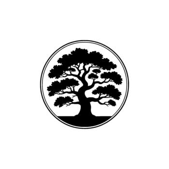 A minimalist silhouette of a mature bonsai tree with intricate branches and dense foliage contained within a circular outline vector