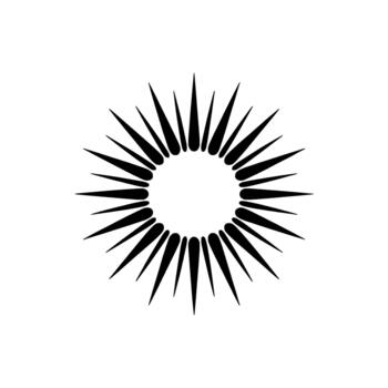 Minimalist abstract sunburst emblem with sharp pointed rays radiating from a central hollow circle isolated vector