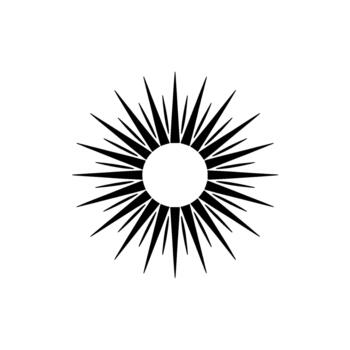 A bold abstract geometric sunburst silhouette with sharp pointed rays emanating from a central circle vector