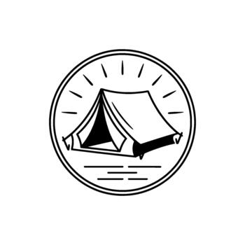 A minimalistic circular emblem featuring a simple line drawing of a vintage canvas tent with stylized rays emanating from behind and horizontal lines suggesting water or ground below vector