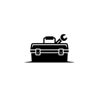 A minimalist silhouette of a sturdy toolbox with an adjustable wrench peeking out from the side isolated vector