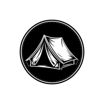 A stylized monochrome illustration of a canvas Aframe tent with open flaps inside a stitched circular emblem vector