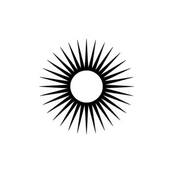 A stark geometric sunburst symbol with sharp radiating rays and a central circle isolated vector