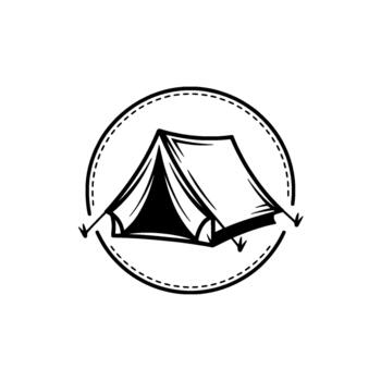un sencillo línea Arte de un triangular cámping tienda con un abierto Entrada adjunto dentro un rayado circulo evocando un al aire libre aventuras tema vector