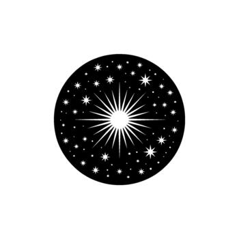 A minimalist circular featuring a bright central starburst surrounded by numerous smaller stars and dots creating a celestial pattern vector