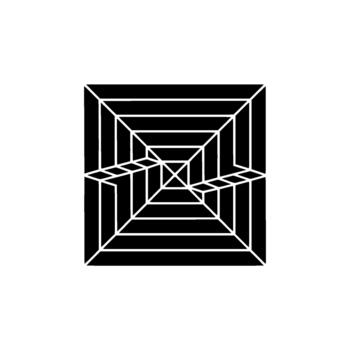 A stark abstract geometric optical illusion featuring a complex three dimensional cube receding into a central vanishing point with sharp lines and parallel dimensions vector