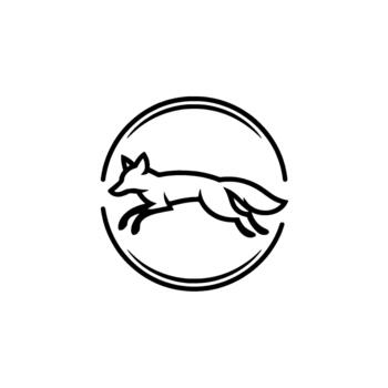 A stylized minimalist line art illustration of a leaping fox in mid jump within a circular frame vector