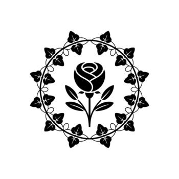 Stylized silhouette of a blooming rose flower centered within an intricate circular frame composed of swirling vines and heart shaped leaves vector