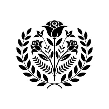 A striking silhouette of a symmetrical floral emblem featuring three stylized roses surrounded by a circular laurel wreath and delicate foliage patterns vector