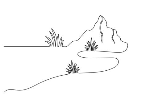Mountain ridge illustration with pine tree pattern, modern contour line drawing on white background vector