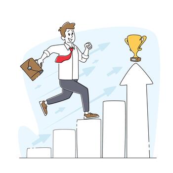 Ladder to Success. Male Character Running at Column Chart to Trophy on Top. Self Development, Developing Mental Issues vector