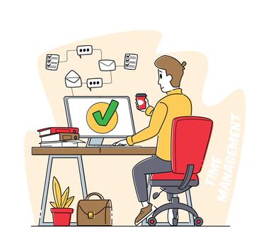 Time Management, Work Productivity. Business Working Process Organization Concept. Satisfied Male at Computer Work Done vector