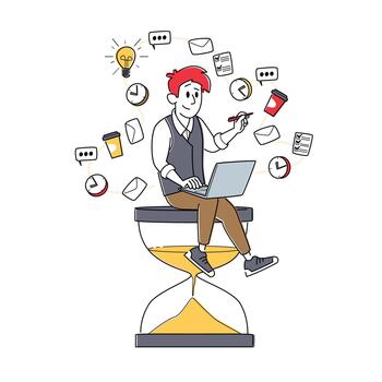 Time Management, Working Productivity, Multi-Tasking. Tiny Businessman Character Sitting on Huge Hourglass with Laptop vector