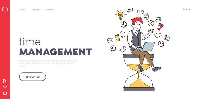 Time Management, Working Productivity Landing Page Template. Tiny Businessman Character Sitting on Huge Hourglass vector