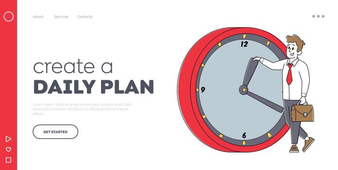 Time Management Landing Page Template. Businessman Character Stand at Huge Clock. Procrastination, Lack of Time vector