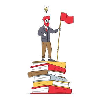 Male Character on Top of Huge Books Pile with Red Flag. Self Development, Developing Mental Issues, Ladder to Success vector