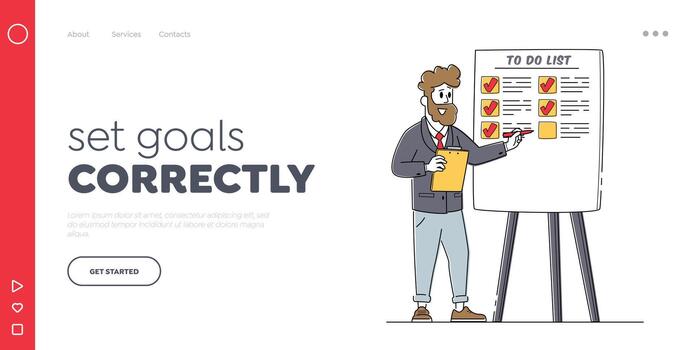 Time Management Landing Page Template. Business Man Presentation in Office. Business Coach Male Character at To Do List vector
