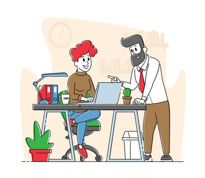 Office Scene Business People Characters Discuss Project in Office. Company Teamwork Collaboration. Workflow Process vector