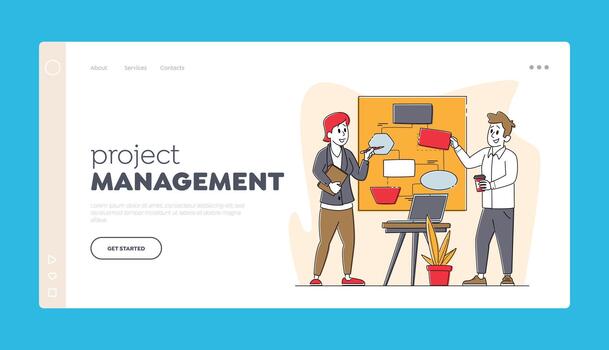 Teamwork Landing Page Template. Business Characters Chatting at Board Discuss Idea in Office. Team Project Development vector