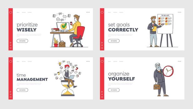 Business Characters Time Management Landing Page Template Set. People with Huge Clock, Business Working Process vector