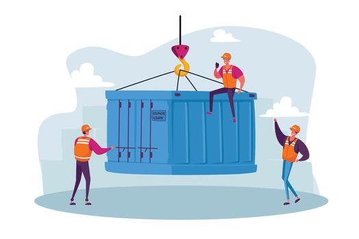 Foremen Characters in Seaport Loading Container Box from Cargo Ship Isolated on White Background. Import Export Logistic vector