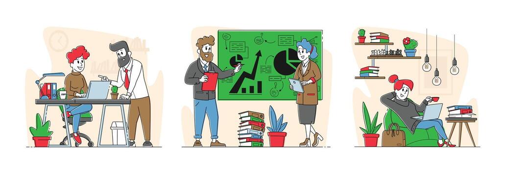 Office Scenes with Business People Characters. Colleagues Discuss Project in Office, Trainer Presenting Data Statistics vector