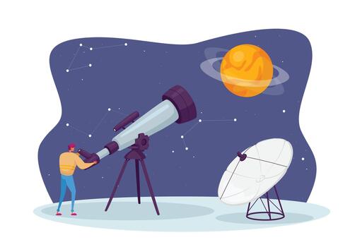 Astronomy Science, Male Character Watching on Space at Telescope Studying Cosmos. Universe Exploration, Investigation vector