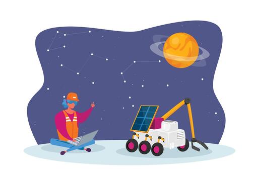 Female Engineer Control Rover Moving on Alien Planet Surface. Outer Space Exploration, Galaxy Research and Colonization vector