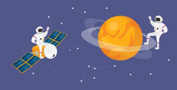 Astronaut Characters in Space Suits Flying in Outer Space with Satellite, Stars and Planet, Cosmonauts in Universe vector
