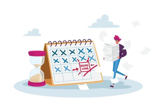 Deadline, Time Management in Business. Tiny Stressed Businessman Character with Documents Pile at Huge Calendar Schedule vector