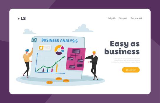 Data Analysis, Project Management Landing Page Template. Tiny Business People Characters at Huge Statistics Chart vector