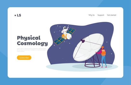 Galaxy Research, Exploration Landing Page Template. Astronomy Engineer Character Research Outer Space with Huge Antenna vector