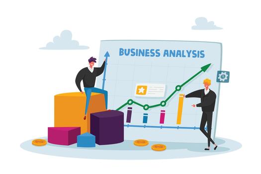 Tiny Business Characters Stand at Huge Analytics Graph with Growing Arrow and Financial Statistics, Analysing Big Data vector