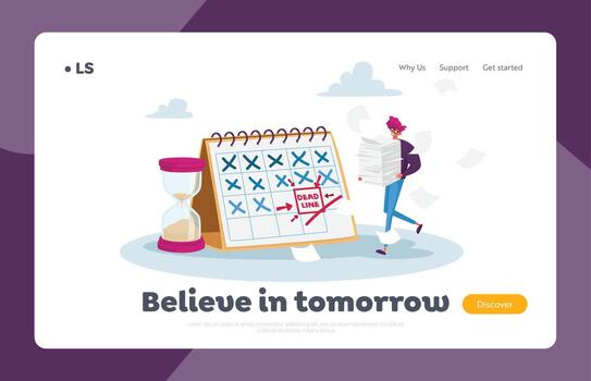 Deadline Landing Page Template. Tiny Stressed Businessman Character with Documents Pile at Huge Calendar Make Paperwork vector