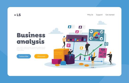 Business Analysis, Tiny Characters at Huge Monitor with Charts Landing Page Template. People Analyze Information Graphs vector