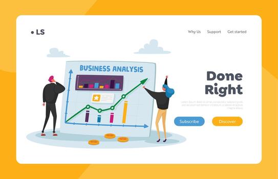 Office Employees Data Analysis Landing Page Template. Businesspeople Characters, Project Management App, Consulting vector