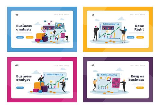 Business Analysis, Characters at Huge Monitor with Charts Landing Page Template Set. People Analyze Information Graphs vector