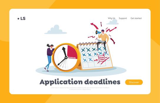 Deadline, Working Productivity, Time Management Landing Page Template. Busy Businesspeople at Huge Clock and Calendar vector