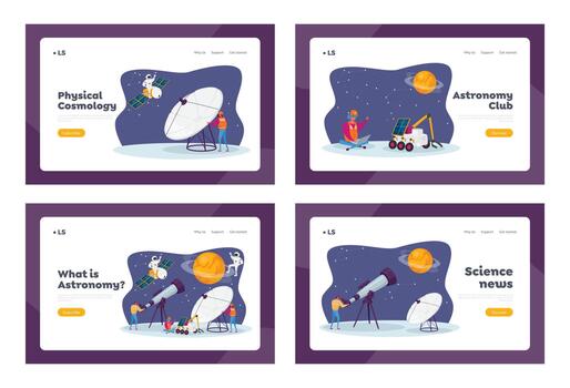 Astronomy Science Landing Page Template Set. Characters Watch on Stars and Planets at Telescope, Studying Space vector
