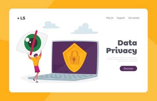 Privacy Landing Page Template. Tiny Female Character with Huge Crossed Eye Stand at Laptop with Password Identification vector