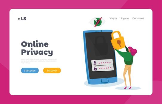 Internet Profile or Account Web Security Landing Page Template. Tiny Woman Character Stand at Huge Mobile Phone vector